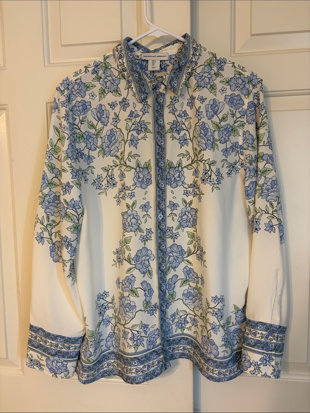 cupcakes & cashmere Ivory Button-Up Blouse with Blue Floral Print